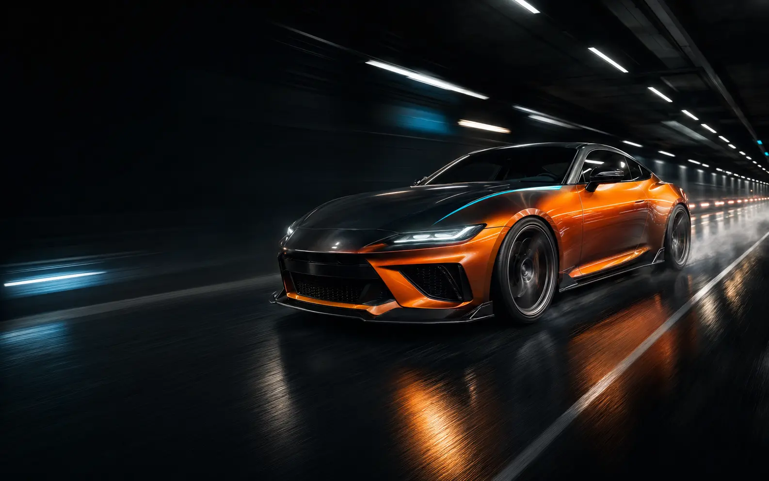 Electric orange wrapped sports coupe in a racing tunnel